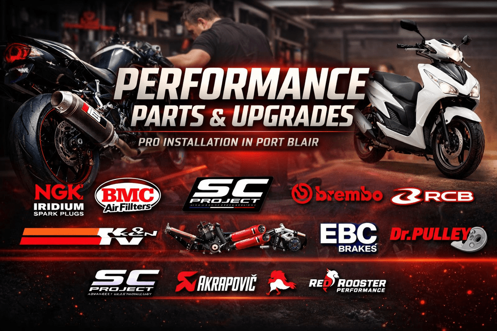 Akrapovic Dr Pulley SC Exhaust NGK Iridium BMC Brembo RCB motorcycle performance upgrades port blair exhaust air filter tuning