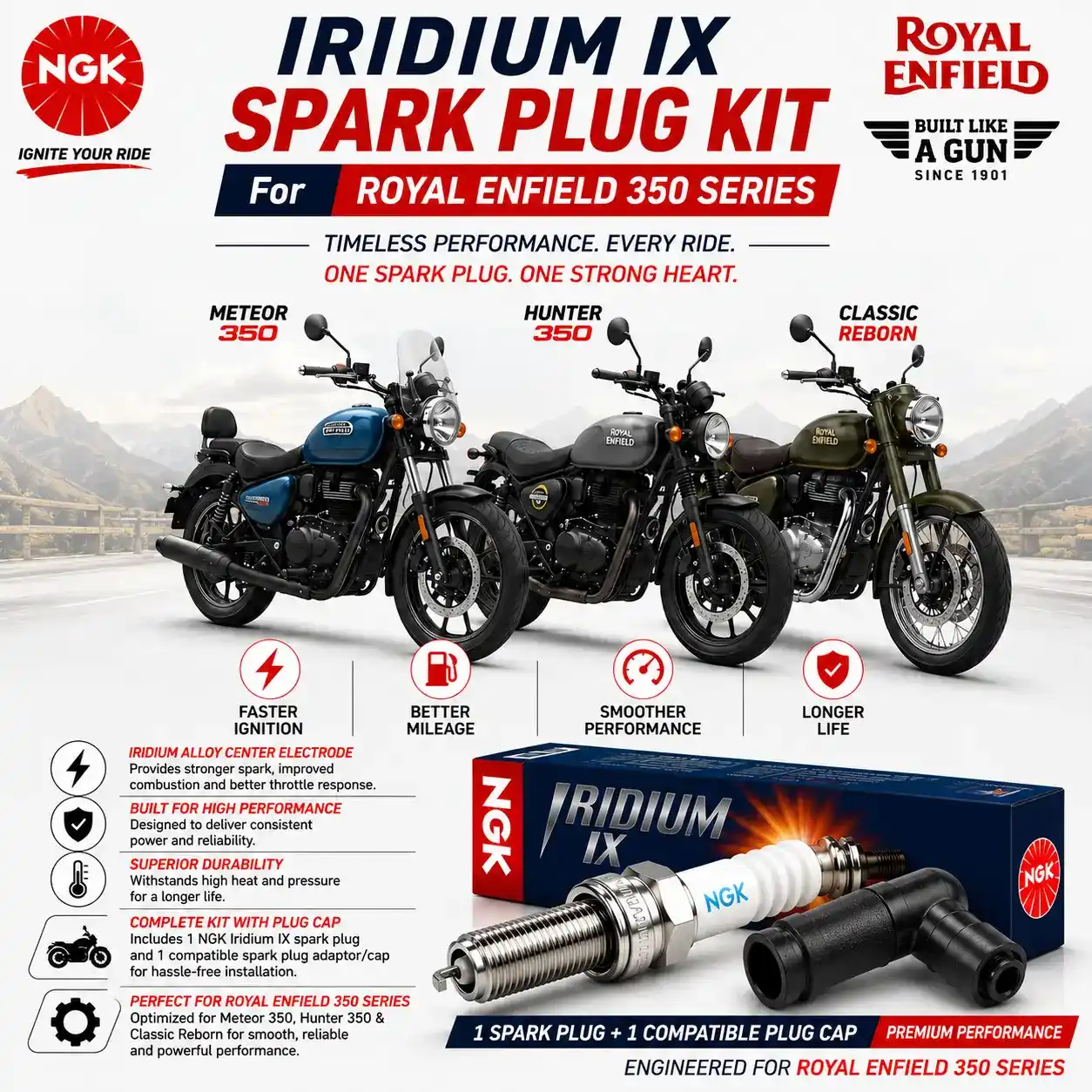 NGK Iridium spark plug kit with plug cap for meteor 350 hunter classic reborn bs6