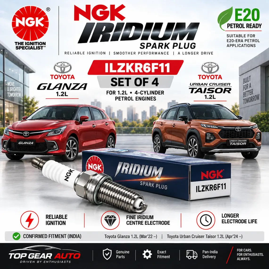 NGK ILZKR6F11 Iridium spark plug set of 4 for Toyota Glanza and Urban Cruiser Taisor 1.2L