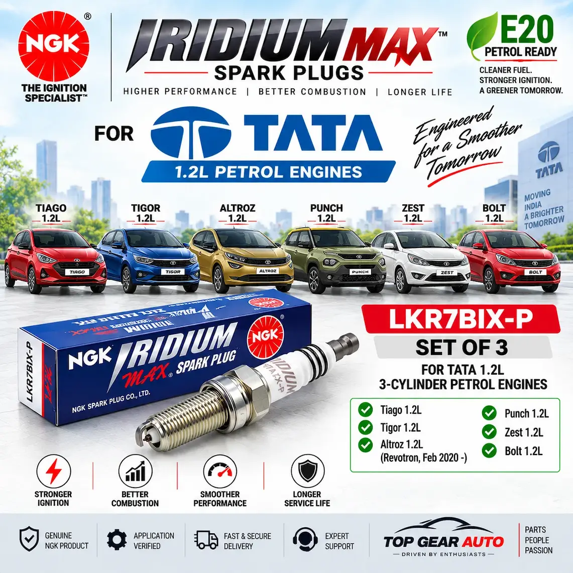 NGK LKR7BIX-P Iridium MAX spark plug set of 3 for Tata 1.2L revotron