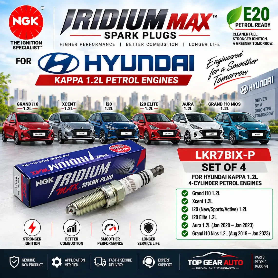 NGK LKR7BIX-P Iridium MAX spark plug set of 4 for Hyundai Kappa 1.2L
